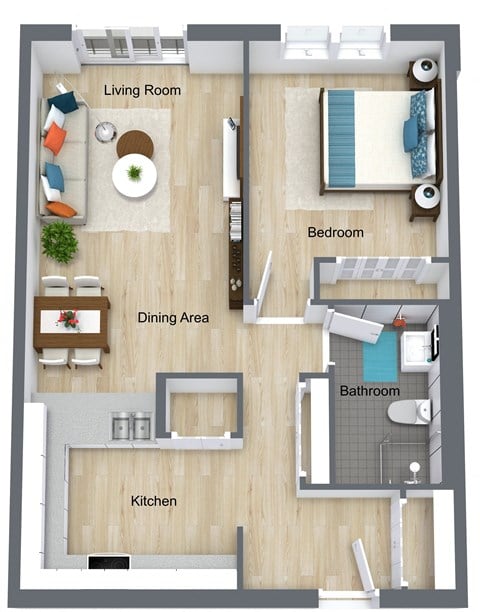 Floor plan for 1 bed, 1 bath, 724 sqft